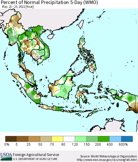 South East Asia Percent of Normal Precipitation 5-Day (WMO) Thematic Map For 5/21/2022 - 5/25/2022