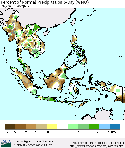 South East Asia Percent of Normal Precipitation 5-Day (WMO) Thematic Map For 5/26/2022 - 5/31/2022