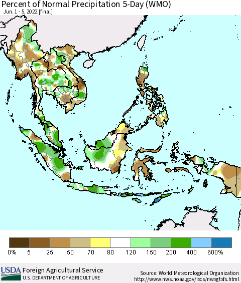 South East Asia Percent of Normal Precipitation 5-Day (WMO) Thematic Map For 6/1/2022 - 6/5/2022