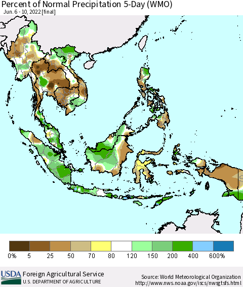 South East Asia Percent of Normal Precipitation 5-Day (WMO) Thematic Map For 6/6/2022 - 6/10/2022