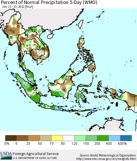 South East Asia Percent of Normal Precipitation 5-Day (WMO) Thematic Map For 6/11/2022 - 6/15/2022