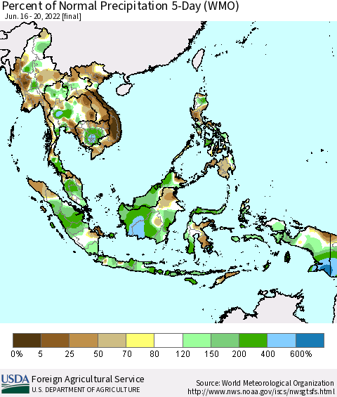 South East Asia Percent of Normal Precipitation 5-Day (WMO) Thematic Map For 6/16/2022 - 6/20/2022
