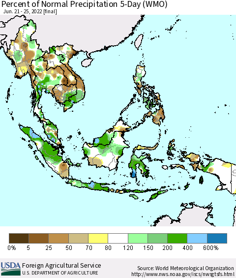 South East Asia Percent of Normal Precipitation 5-Day (WMO) Thematic Map For 6/21/2022 - 6/25/2022