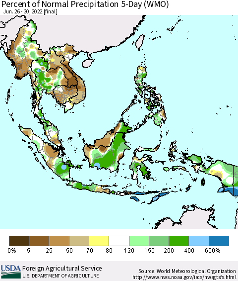 South East Asia Percent of Normal Precipitation 5-Day (WMO) Thematic Map For 6/26/2022 - 6/30/2022