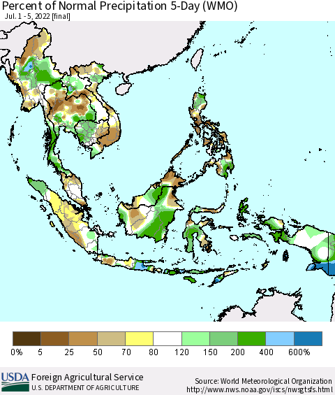 South East Asia Percent of Normal Precipitation 5-Day (WMO) Thematic Map For 7/1/2022 - 7/5/2022