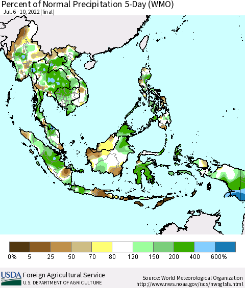 South East Asia Percent of Normal Precipitation 5-Day (WMO) Thematic Map For 7/6/2022 - 7/10/2022
