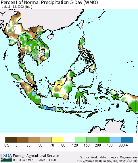 South East Asia Percent of Normal Precipitation 5-Day (WMO) Thematic Map For 7/11/2022 - 7/15/2022