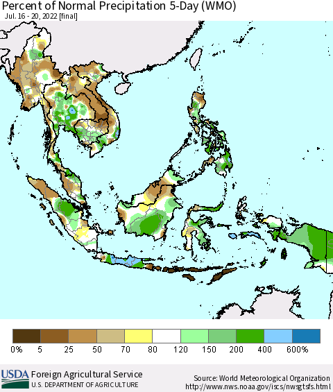 South East Asia Percent of Normal Precipitation 5-Day (WMO) Thematic Map For 7/16/2022 - 7/20/2022