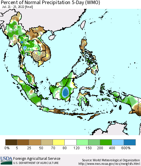 South East Asia Percent of Normal Precipitation 5-Day (WMO) Thematic Map For 7/21/2022 - 7/25/2022