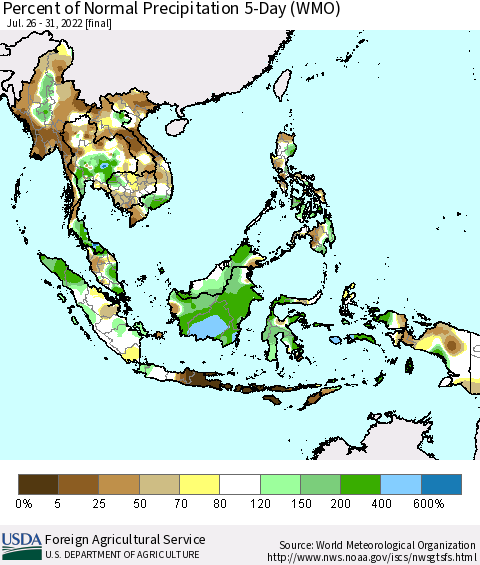 South East Asia Percent of Normal Precipitation 5-Day (WMO) Thematic Map For 7/26/2022 - 7/31/2022
