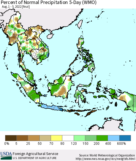 South East Asia Percent of Normal Precipitation 5-Day (WMO) Thematic Map For 8/1/2022 - 8/5/2022
