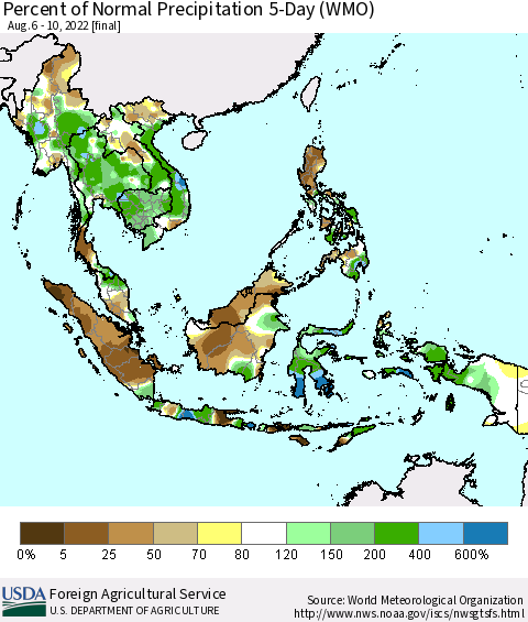 South East Asia Percent of Normal Precipitation 5-Day (WMO) Thematic Map For 8/6/2022 - 8/10/2022