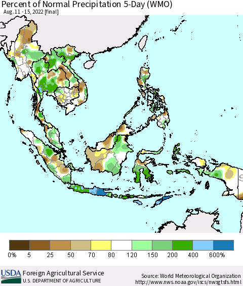 South East Asia Percent of Normal Precipitation 5-Day (WMO) Thematic Map For 8/11/2022 - 8/15/2022