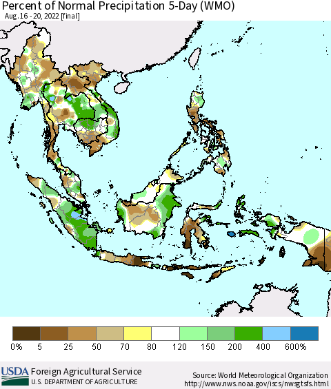 South East Asia Percent of Normal Precipitation 5-Day (WMO) Thematic Map For 8/16/2022 - 8/20/2022