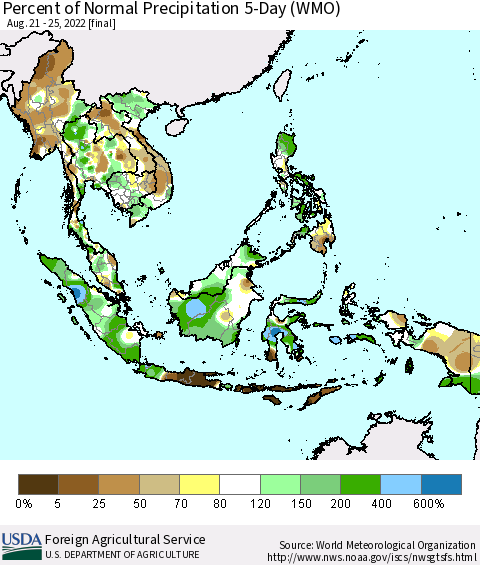 South East Asia Percent of Normal Precipitation 5-Day (WMO) Thematic Map For 8/21/2022 - 8/25/2022