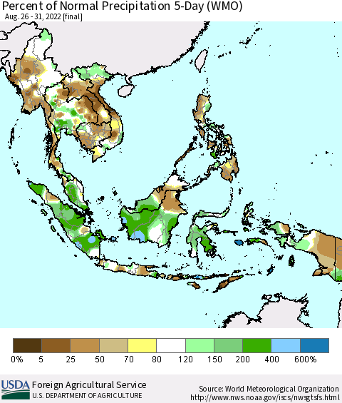 South East Asia Percent of Normal Precipitation 5-Day (WMO) Thematic Map For 8/26/2022 - 8/31/2022