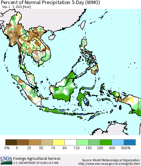 South East Asia Percent of Normal Precipitation 5-Day (WMO) Thematic Map For 9/1/2022 - 9/5/2022