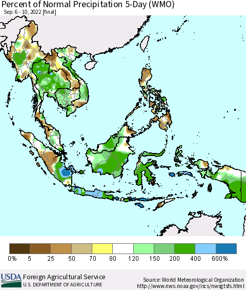 South East Asia Percent of Normal Precipitation 5-Day (WMO) Thematic Map For 9/6/2022 - 9/10/2022