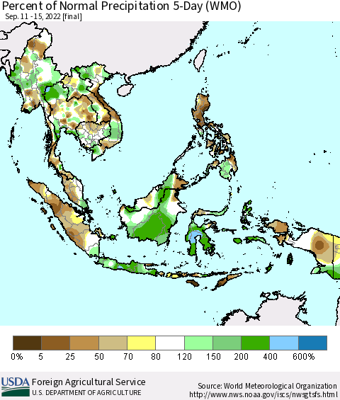 South East Asia Percent of Normal Precipitation 5-Day (WMO) Thematic Map For 9/11/2022 - 9/15/2022