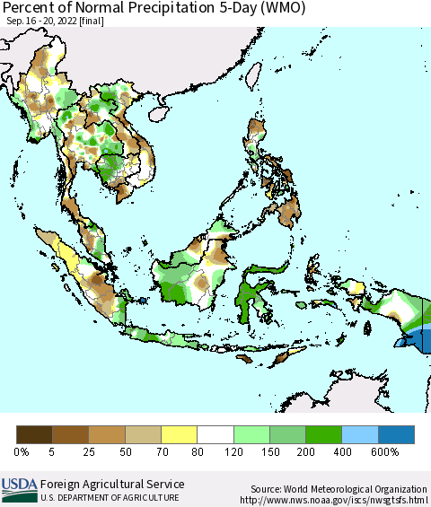 South East Asia Percent of Normal Precipitation 5-Day (WMO) Thematic Map For 9/16/2022 - 9/20/2022
