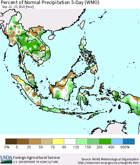 South East Asia Percent of Normal Precipitation 5-Day (WMO) Thematic Map For 9/21/2022 - 9/25/2022