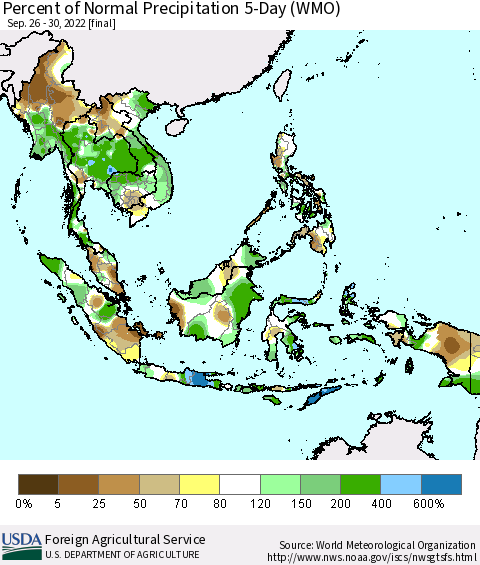 South East Asia Percent of Normal Precipitation 5-Day (WMO) Thematic Map For 9/26/2022 - 9/30/2022