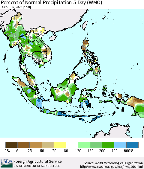 South East Asia Percent of Normal Precipitation 5-Day (WMO) Thematic Map For 10/1/2022 - 10/5/2022