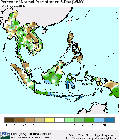 South East Asia Percent of Normal Precipitation 5-Day (WMO) Thematic Map For 10/6/2022 - 10/10/2022