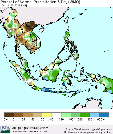 South East Asia Percent of Normal Precipitation 5-Day (WMO) Thematic Map For 10/11/2022 - 10/15/2022