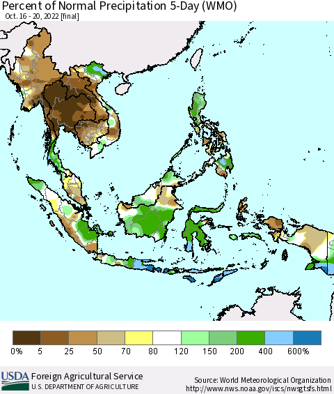 South East Asia Percent of Normal Precipitation 5-Day (WMO) Thematic Map For 10/16/2022 - 10/20/2022
