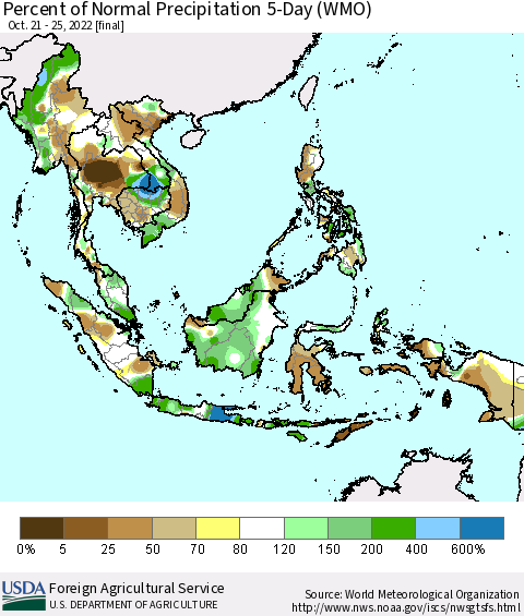 South East Asia Percent of Normal Precipitation 5-Day (WMO) Thematic Map For 10/21/2022 - 10/25/2022