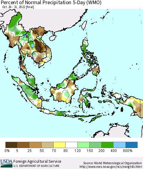 South East Asia Percent of Normal Precipitation 5-Day (WMO) Thematic Map For 10/26/2022 - 10/31/2022