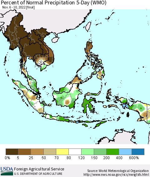 South East Asia Percent of Normal Precipitation 5-Day (WMO) Thematic Map For 11/6/2022 - 11/10/2022