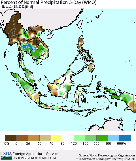 South East Asia Percent of Normal Precipitation 5-Day (WMO) Thematic Map For 11/11/2022 - 11/15/2022