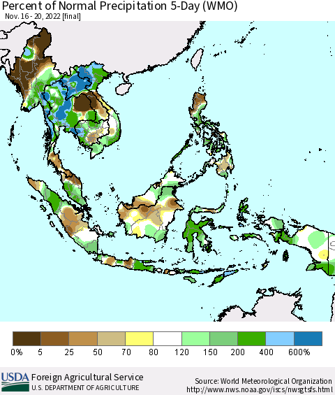 South East Asia Percent of Normal Precipitation 5-Day (WMO) Thematic Map For 11/16/2022 - 11/20/2022