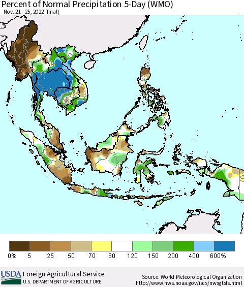 South East Asia Percent of Normal Precipitation 5-Day (WMO) Thematic Map For 11/21/2022 - 11/25/2022