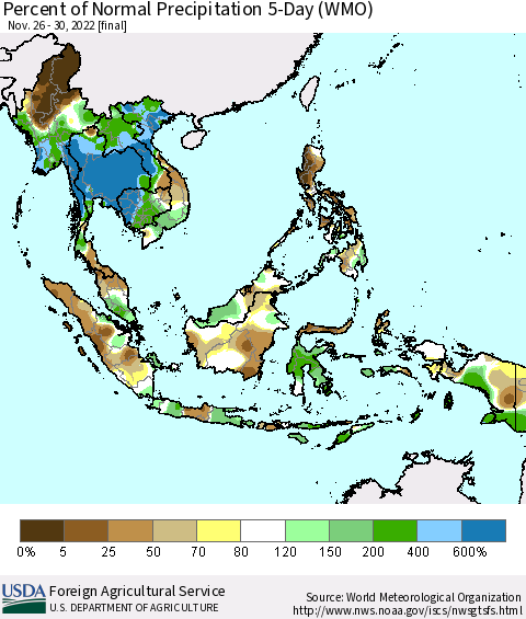 South East Asia Percent of Normal Precipitation 5-Day (WMO) Thematic Map For 11/26/2022 - 11/30/2022