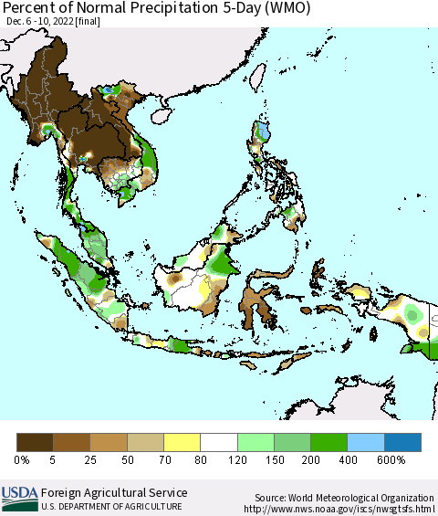 South East Asia Percent of Normal Precipitation 5-Day (WMO) Thematic Map For 12/6/2022 - 12/10/2022