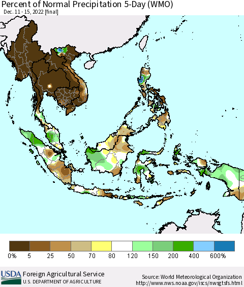 South East Asia Percent of Normal Precipitation 5-Day (WMO) Thematic Map For 12/11/2022 - 12/15/2022