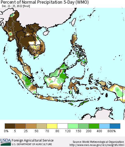 South East Asia Percent of Normal Precipitation 5-Day (WMO) Thematic Map For 12/21/2022 - 12/25/2022