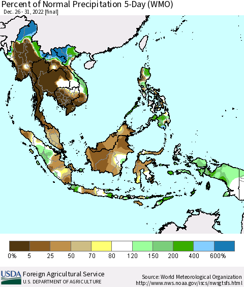 South East Asia Percent of Normal Precipitation 5-Day (WMO) Thematic Map For 12/26/2022 - 12/31/2022