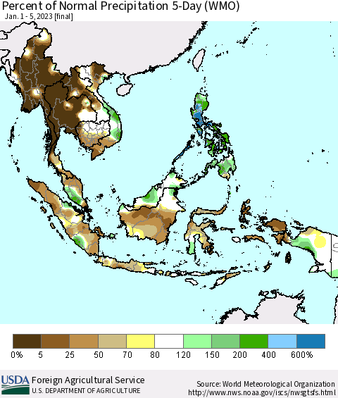 South East Asia Percent of Normal Precipitation 5-Day (WMO) Thematic Map For 1/1/2023 - 1/5/2023