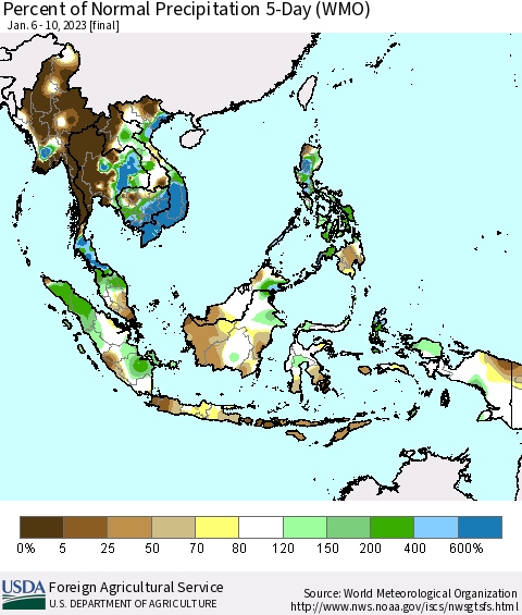 South East Asia Percent of Normal Precipitation 5-Day (WMO) Thematic Map For 1/6/2023 - 1/10/2023