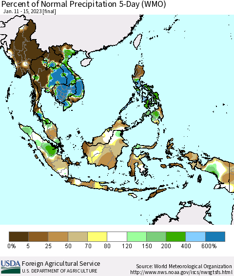 South East Asia Percent of Normal Precipitation 5-Day (WMO) Thematic Map For 1/11/2023 - 1/15/2023