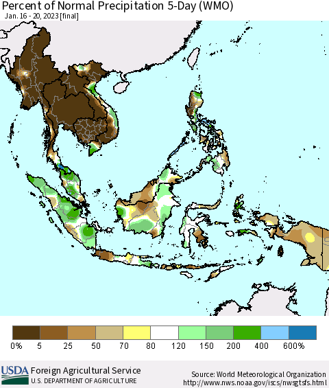 South East Asia Percent of Normal Precipitation 5-Day (WMO) Thematic Map For 1/16/2023 - 1/20/2023