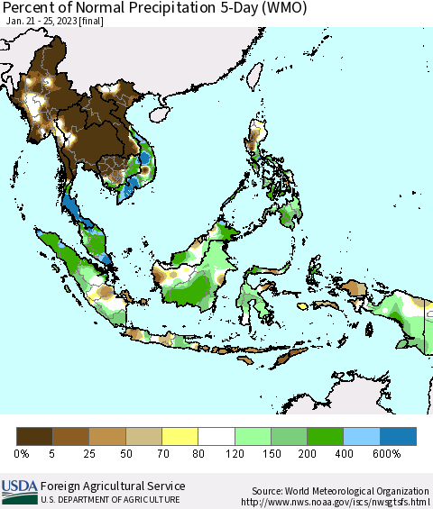 South East Asia Percent of Normal Precipitation 5-Day (WMO) Thematic Map For 1/21/2023 - 1/25/2023