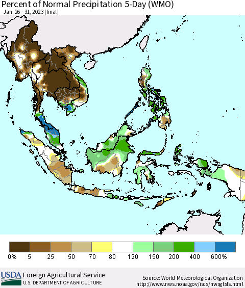 South East Asia Percent of Normal Precipitation 5-Day (WMO) Thematic Map For 1/26/2023 - 1/31/2023