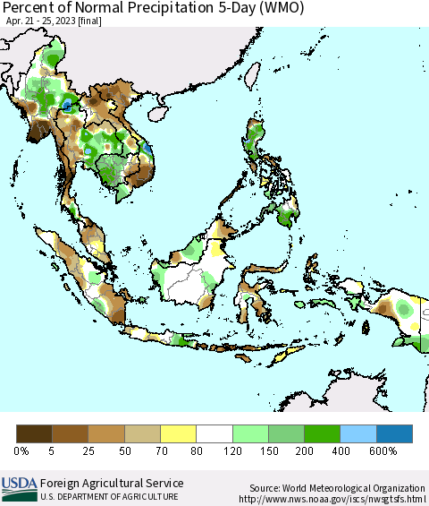 South East Asia Percent of Normal Precipitation 5-Day (WMO) Thematic Map For 4/21/2023 - 4/25/2023