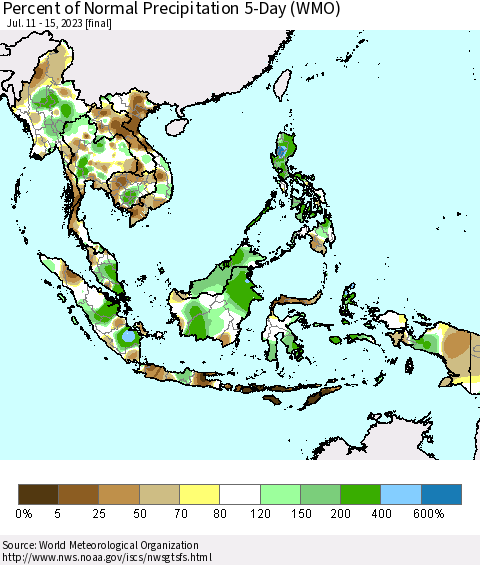 South East Asia Percent of Normal Precipitation 5-Day (WMO) Thematic Map For 7/11/2023 - 7/15/2023