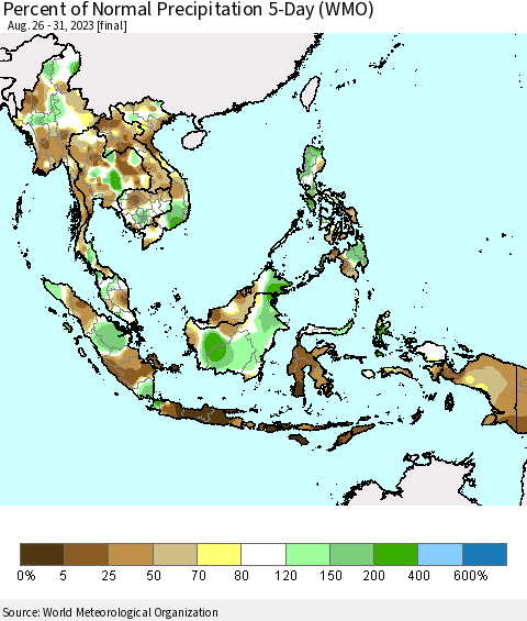 South East Asia Percent of Normal Precipitation 5-Day (WMO) Thematic Map For 8/26/2023 - 8/31/2023